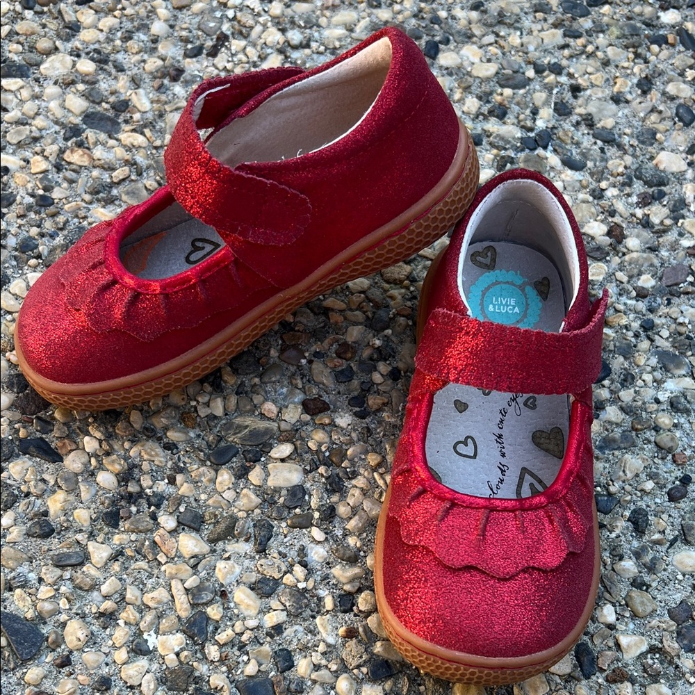 Livie & Luca Sparkly Red Leather Ruche Classic Mary Jane